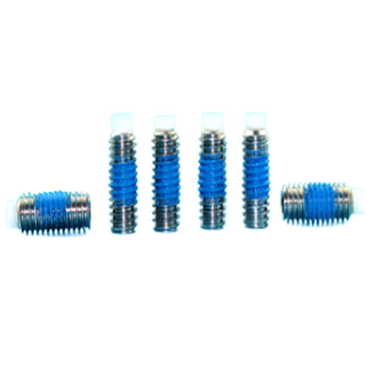 Edelstahl-Innensechskant-Stellschraube mit Nylonspitze und blauem Nylon-Patch Edelstahl-Innensechskant-Stellschraube mit Nylonspitze und blauem Nylon-Patch